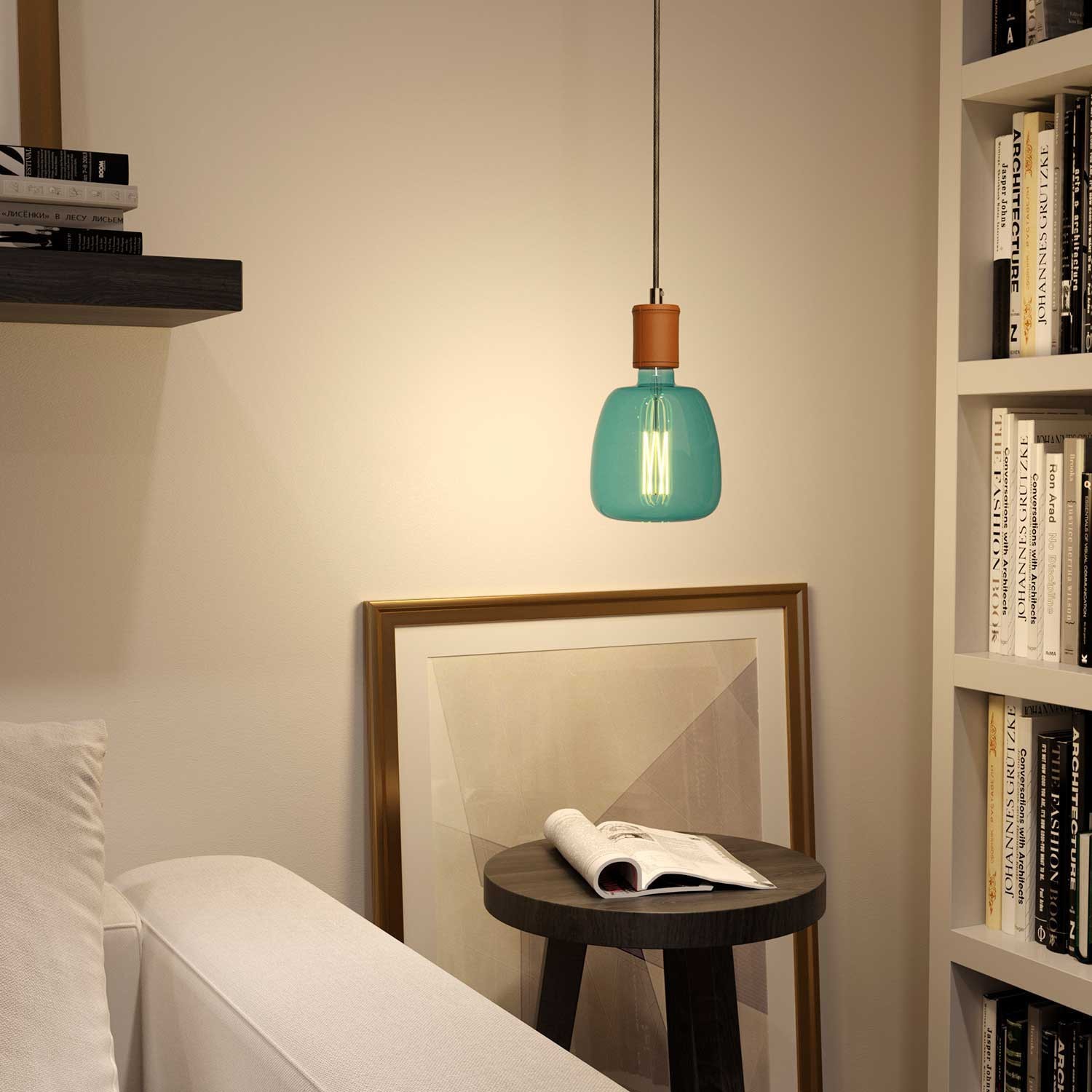 Pendant lamp with textile cable and leather details - Made in Italy