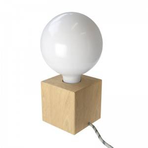 Posaluce Cubetto, our table lamp in wood complete with fabric cable, switch and 2-pin plug