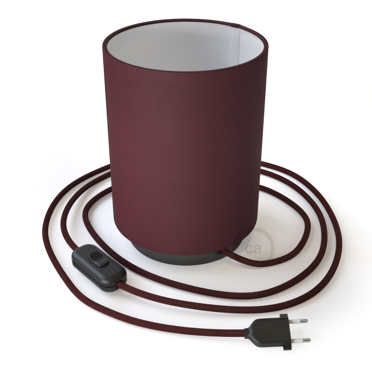 Posaluce in metal with Burgundy Canvas Cilindro lampshade, complete with fabric cable, switch and 2-pin plug
