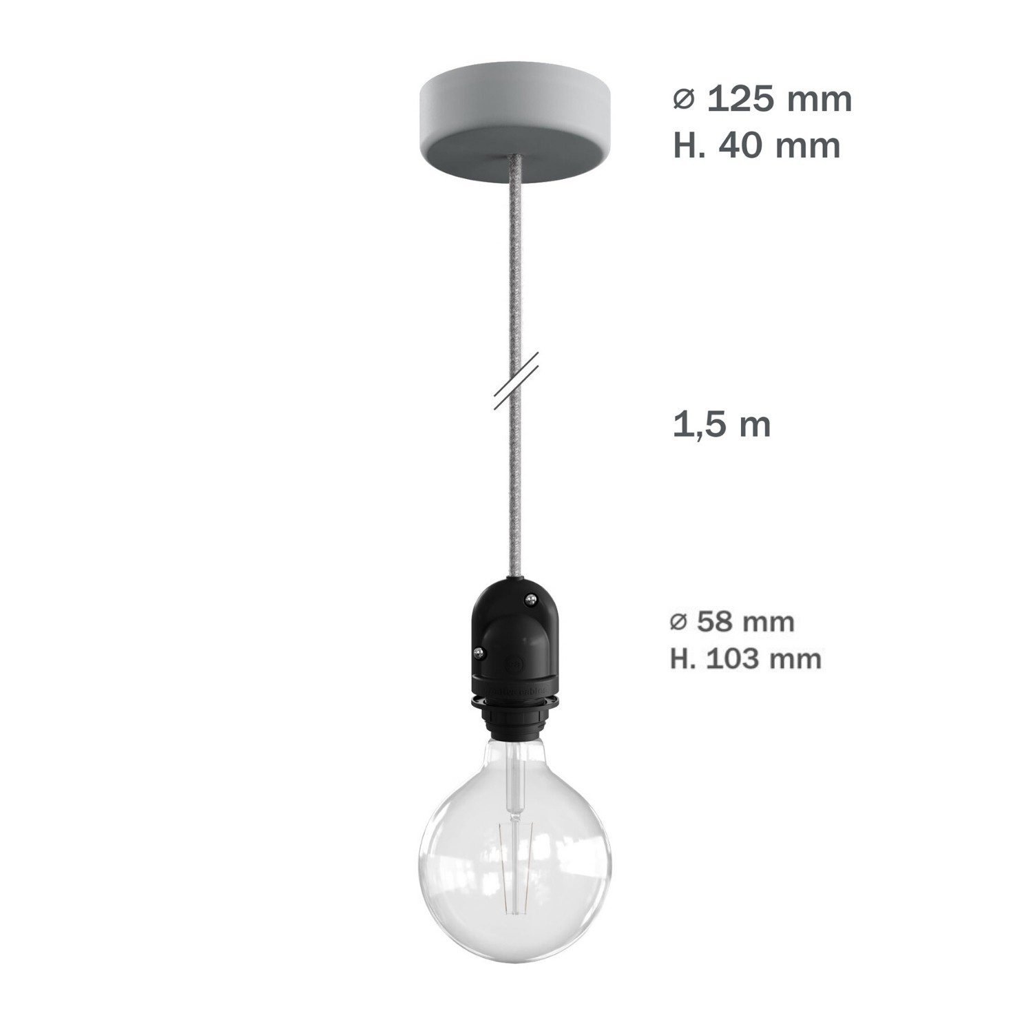 EIVA Outdoor pendant lamp for lampshades with 1,5 mt textile cable, silicone ceiling rose and lamp holder IP65 water resistant