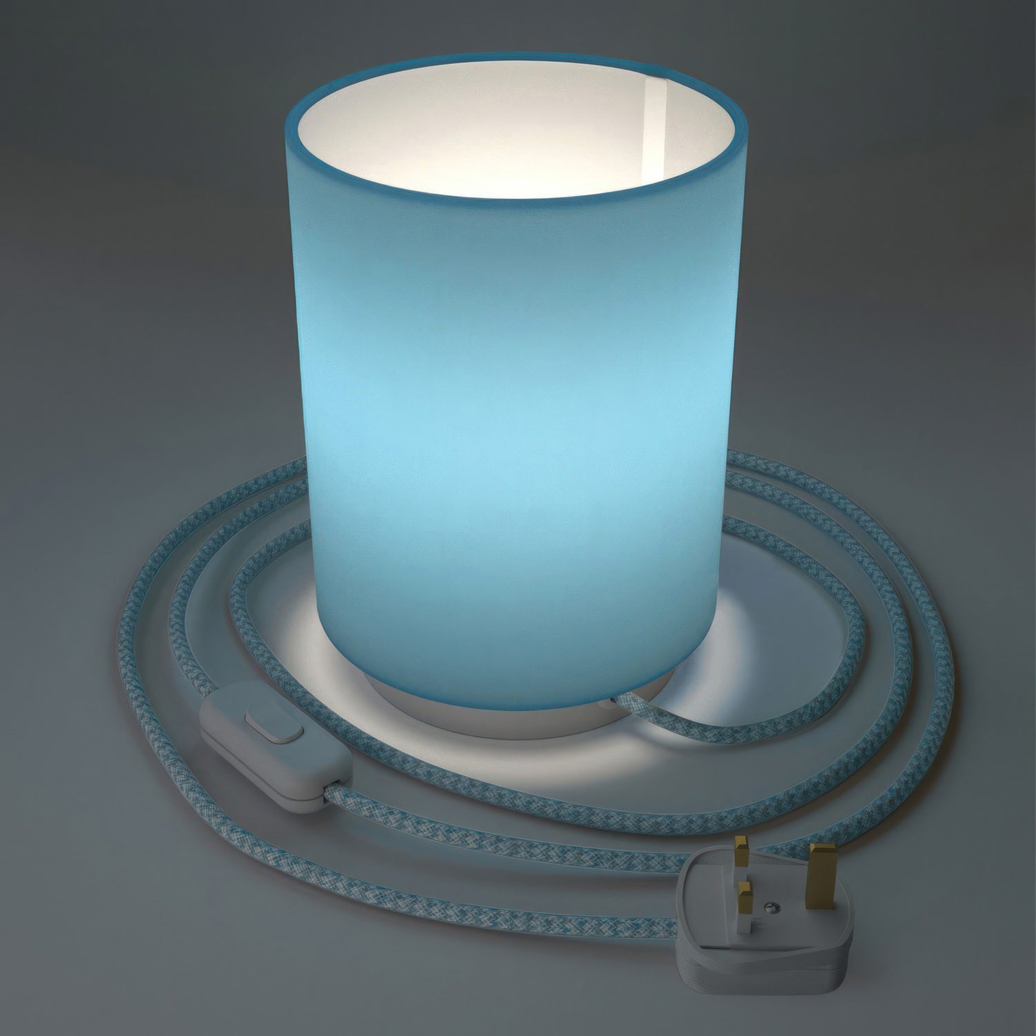 Posaluce in metal with Sky Blue Cilindro lampshade, complete with fabric cable, switch and UK plug