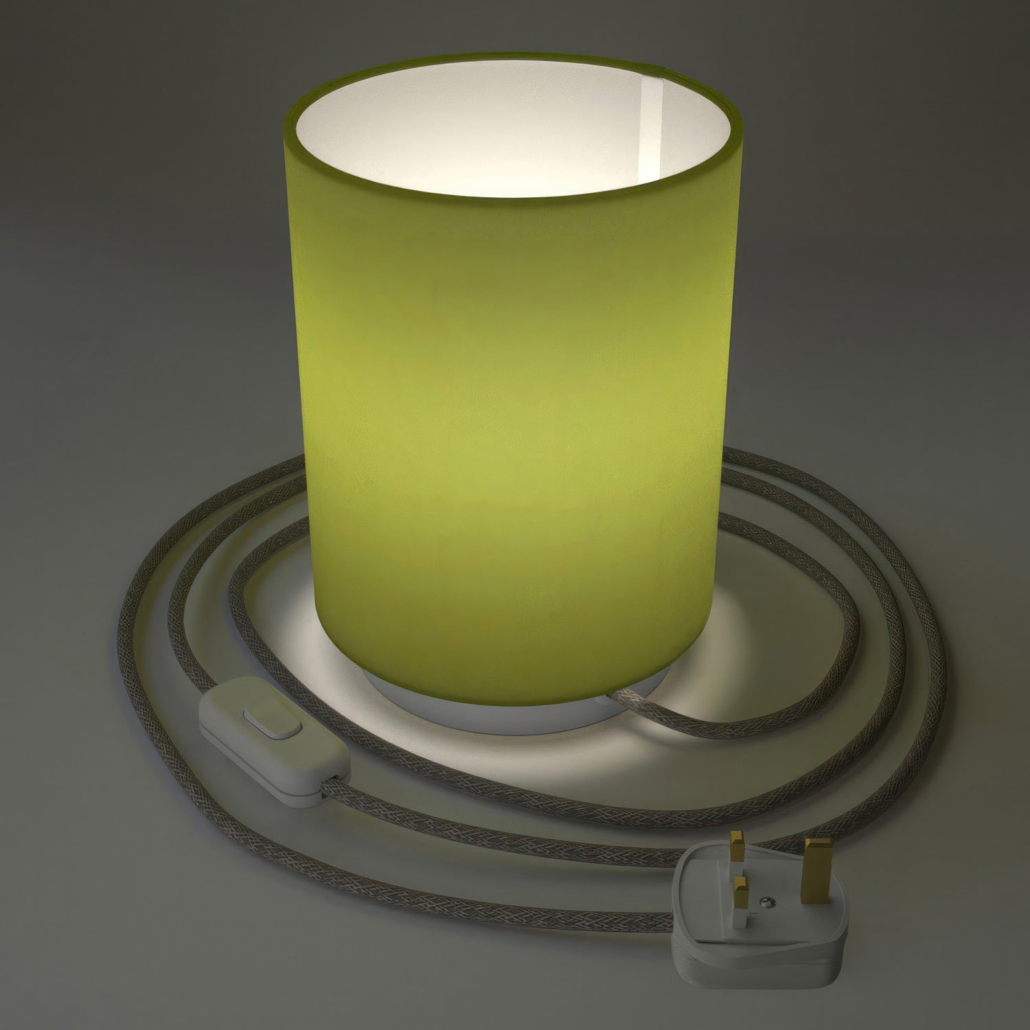 Posaluce in metal with Olive Green Canvas Cilindro lampshade, complete with fabric cable, switch and UK plug